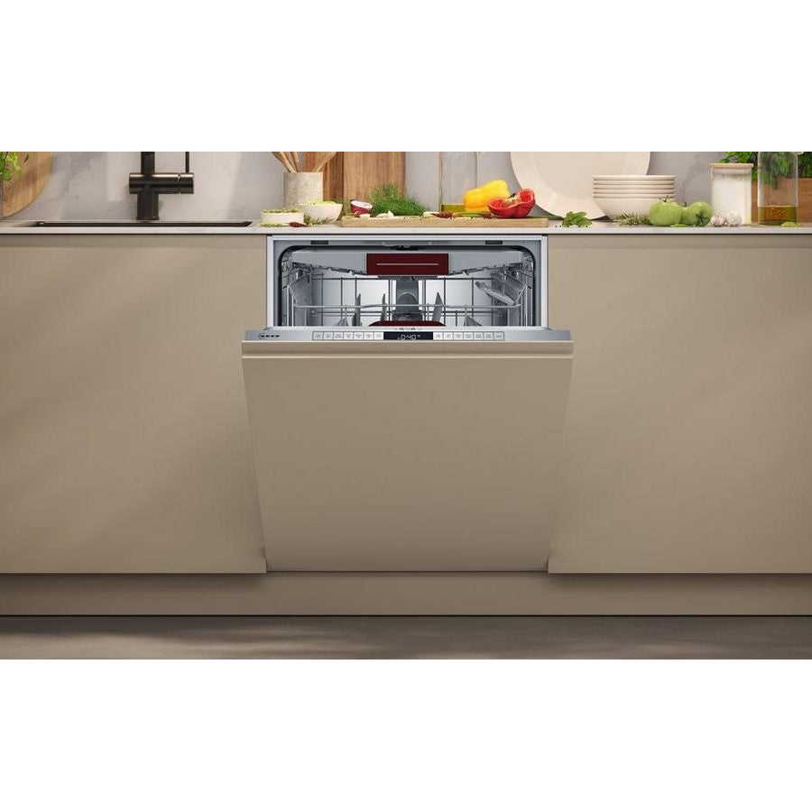 Neff S155HVX00G Fully Integrated Dishwasher 14 Place Setting - view of the Neff dishwasher with the door open, pictured integrated in a kitchen interior