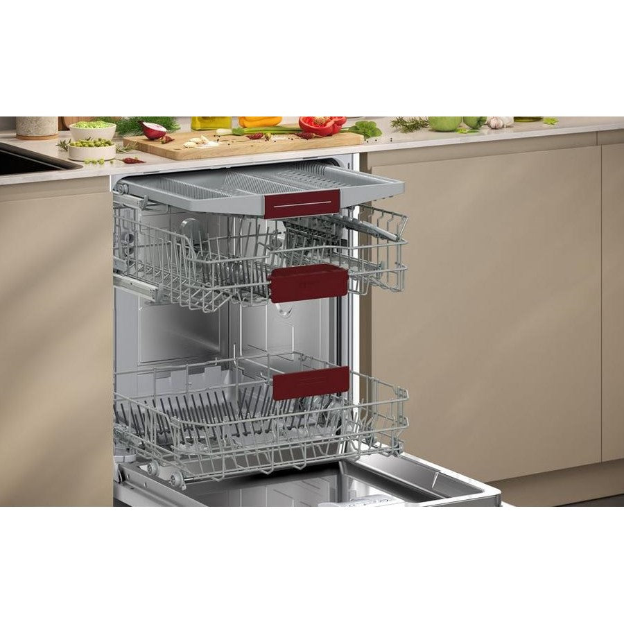 Neff S155HVX00G Fully Integrated Dishwasher 14 Place Setting - view of the Neff dishwasher with door fully open and 3 racks extended out for display