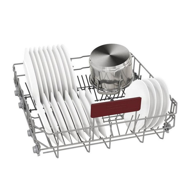 Neff S155HVX00G Fully Integrated Dishwasher 14 Place Setting - picture of the bottom rack populated with dishes and cutlery