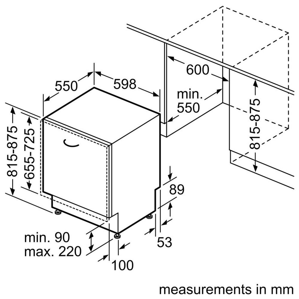 Neff S155HVX00G Fully Integrated Dishwasher 14 Place Setting - drawing of the dishwasher dimensions