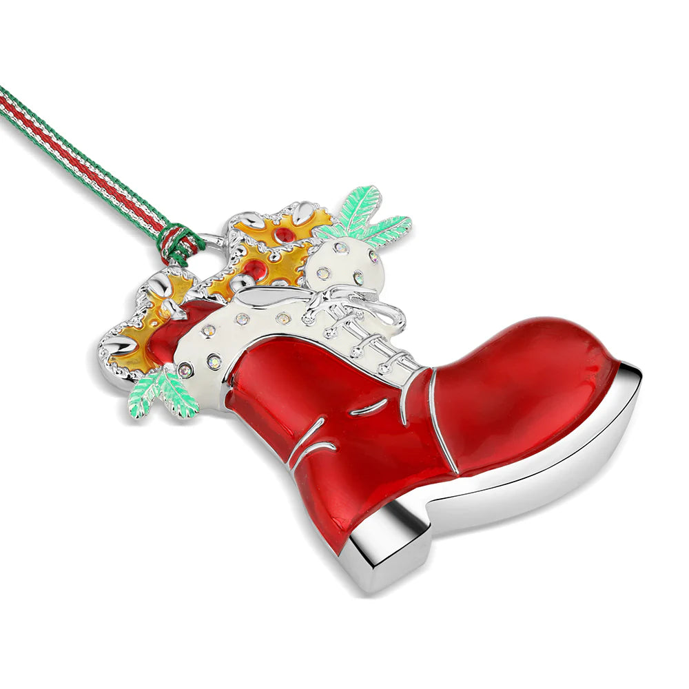 Red boot-shaped pendant with silver accents on a white background
