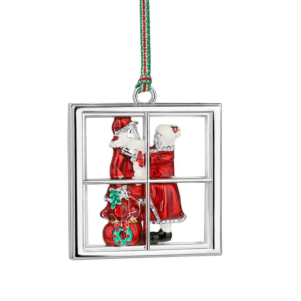 Christmas ornament with Santa Claus and a dog through a window frame on a white background