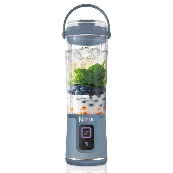 Ninja BC151UKNV Blast Blender In Denim Blue - front of blender pictured with smoothie ingredients inside