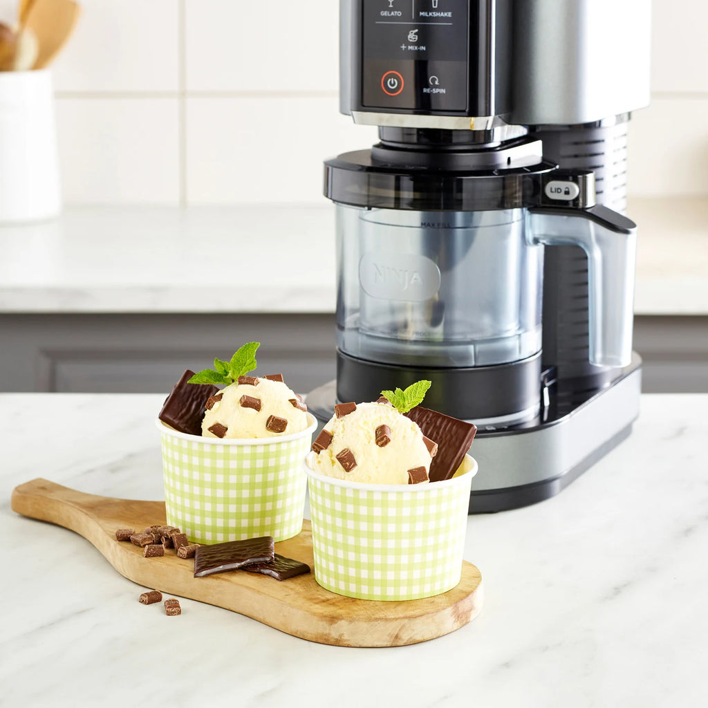 Ninja NC300UK Ice Cream Maker - ice cream maker with close-up of ice cream in paper bowls