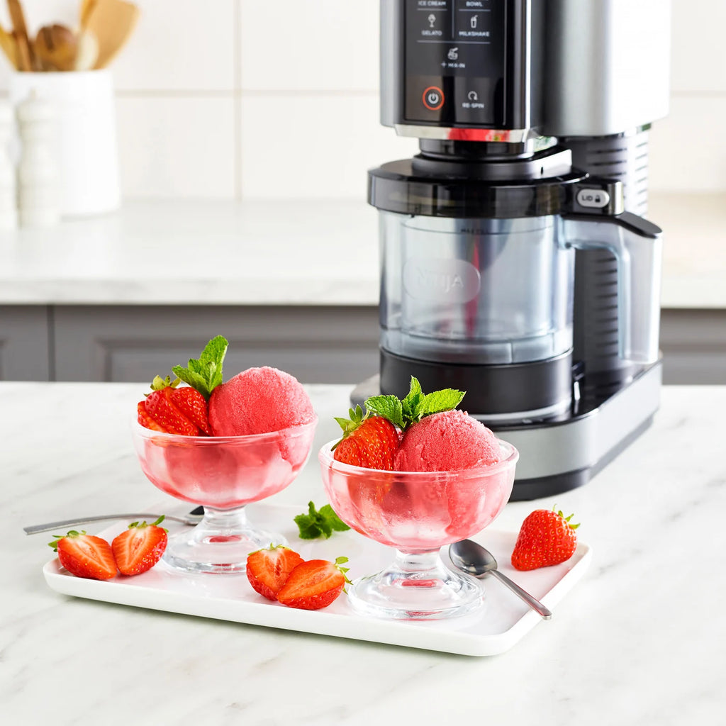 Ninja NC300UK Ice Cream Maker - ice cream maker with close-up of strawberry sorbet