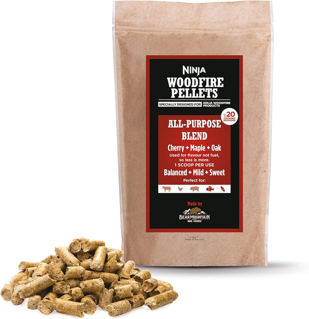 Ninja XSKOGAPBPL2UK Woodfire Pellets All-Purpose Blend 900g - picture of packaging and a pile of pellets