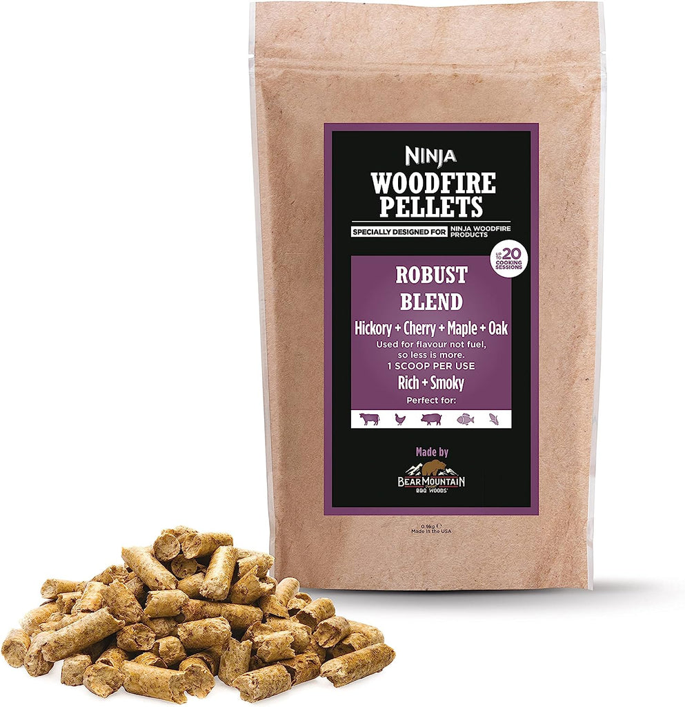 Ninja XSKOGRBLPL2UK Woodfire Pellets Robust Blend 900g - picture of packaging and a pile of pellets