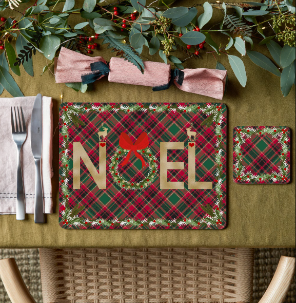 Red tartan placemat with "Noel" written , lifestyle