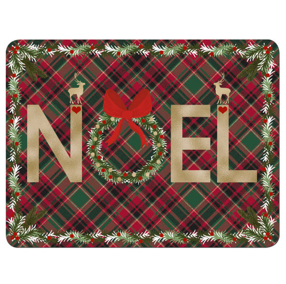 Red tartan placemat with "Noel" written 