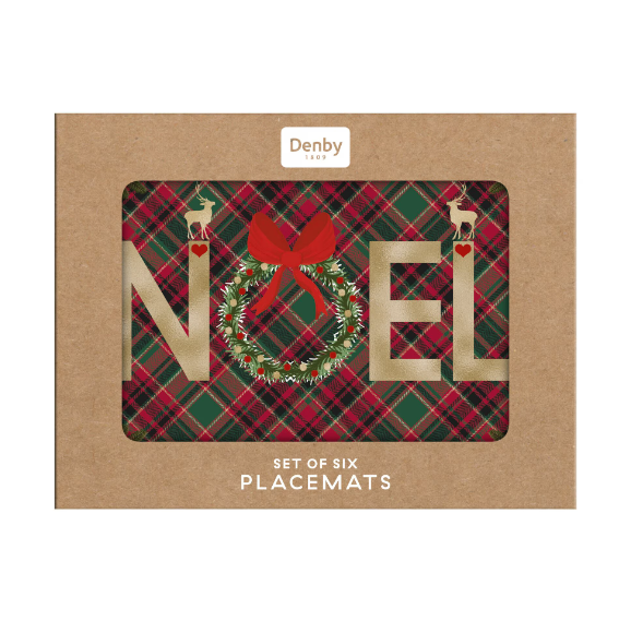 Red tartan placemat with "Noel" written , boxed
