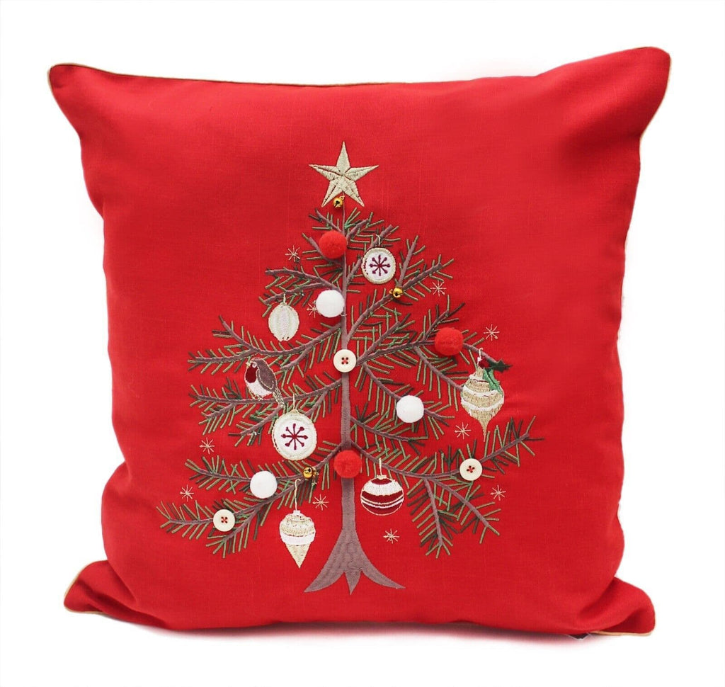 Red cushion with Christmas tree and baubles embroided 