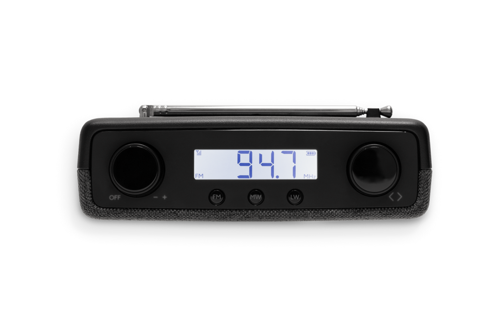 Roberts X-PLAY11BK DAB/FM Digital Portable Radio - picture of top of the radio with digital display, two dials and 3 buttons for channel wavelength selection