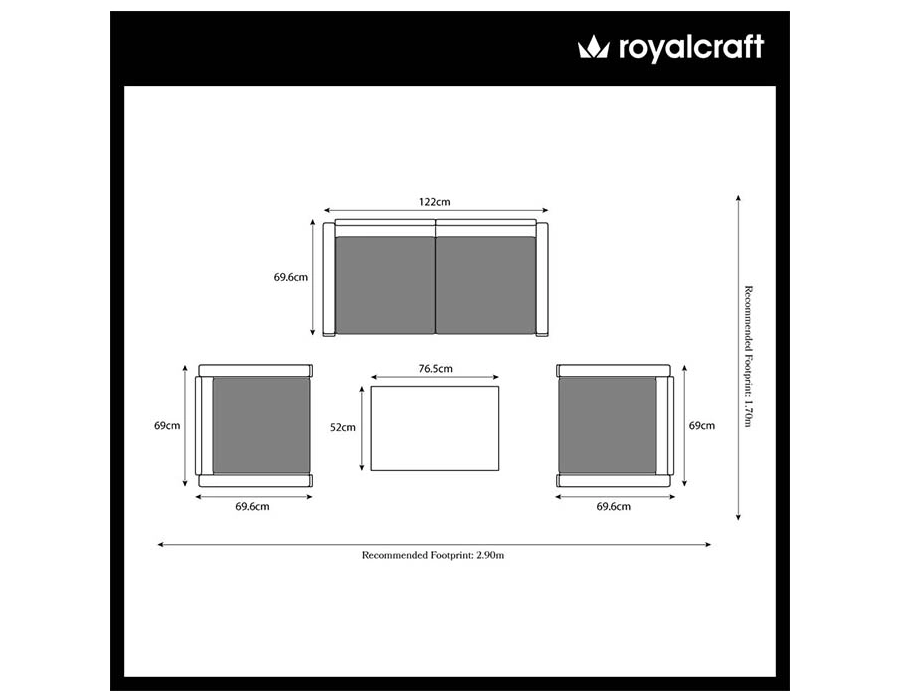 Royalcraft FARO16 4 Seater Conversation Garden Set - furniture set dimensions drawing