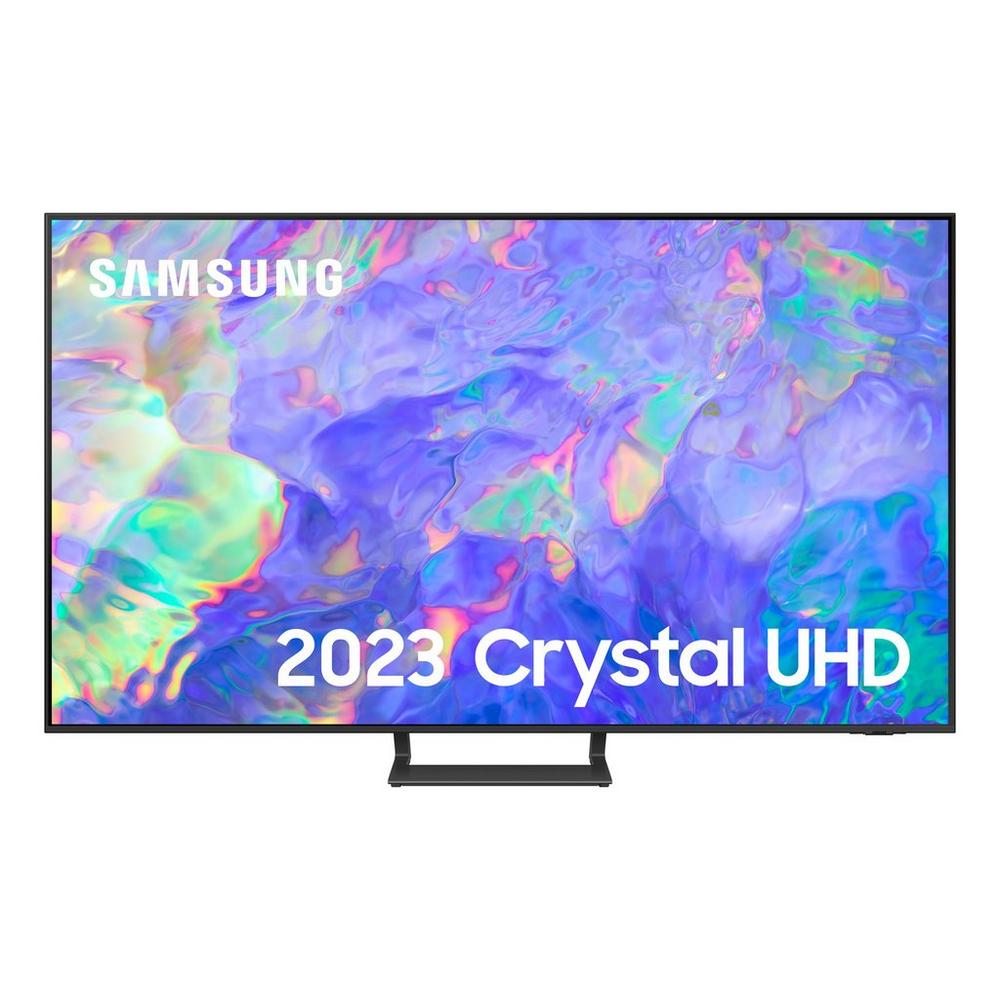 Samsung UE75CU8500KXXU 75" Smart 4K HDR Tv - front view of TV with SAMSUNG logo in the top left corner of the TV screen and 2023 Crystal UHD in a big typeface in the bottom right of the TV screen