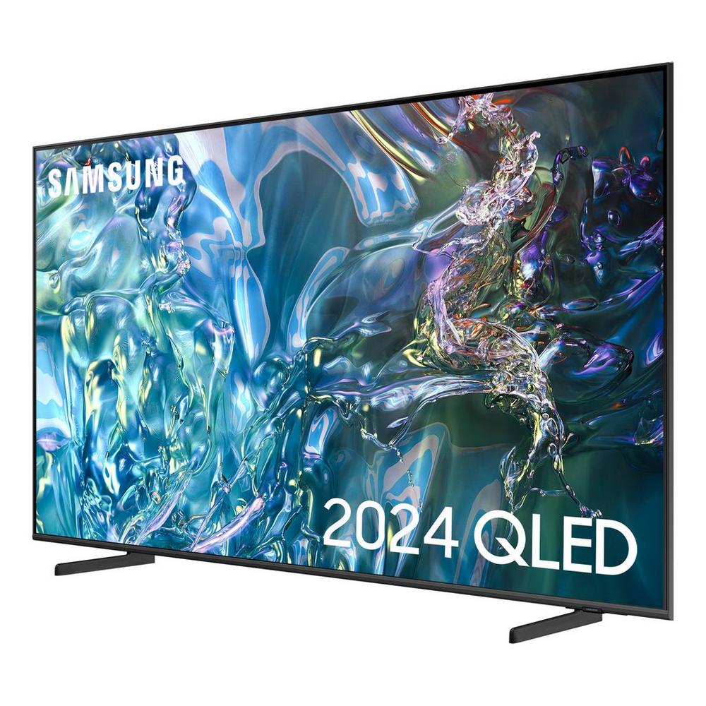 Samsung QE50Q60DAUXXU 50" QLED Tv - front of the television at an angle from the right with Samsung logo and 2024 QLED titles on the television screen