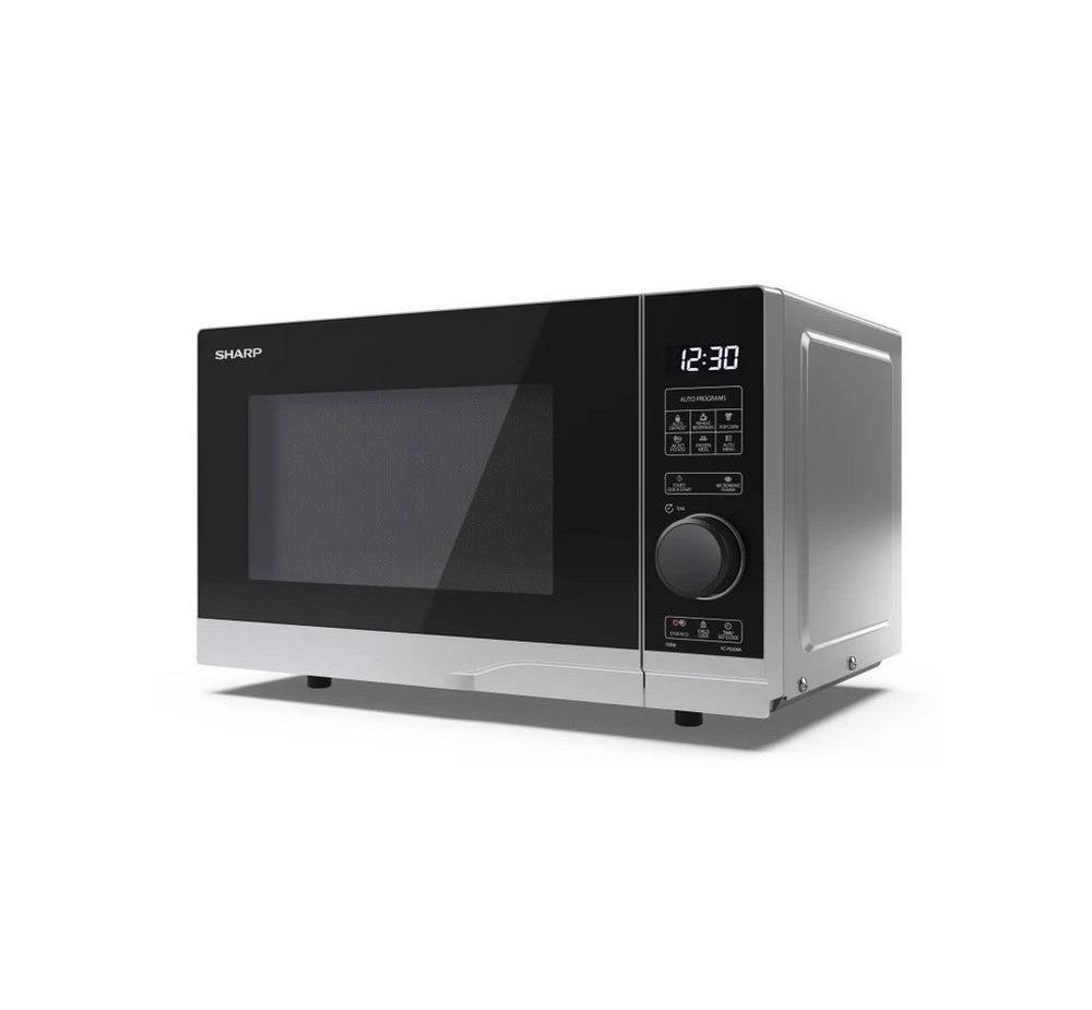 Sharp YC-PS204AU-S 20 Litre Microwave Silver - front of microwave at an angle with view of side visible