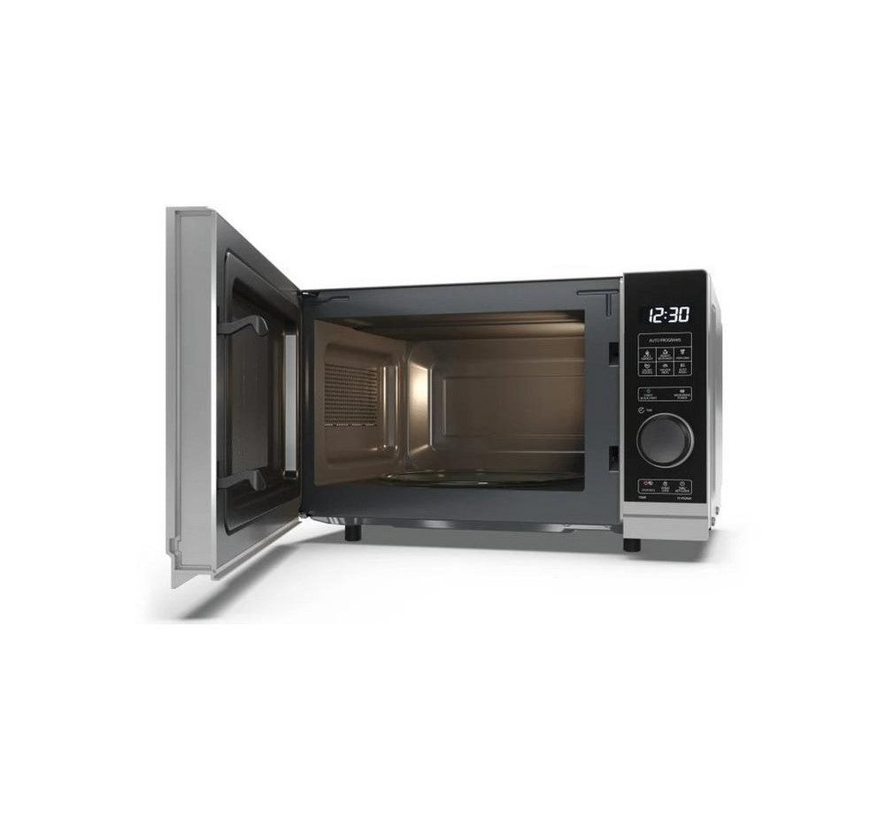 Sharp YC-PS204AU-S 20 Litre Microwave Silver - view of front with microwave door open and inside light on
