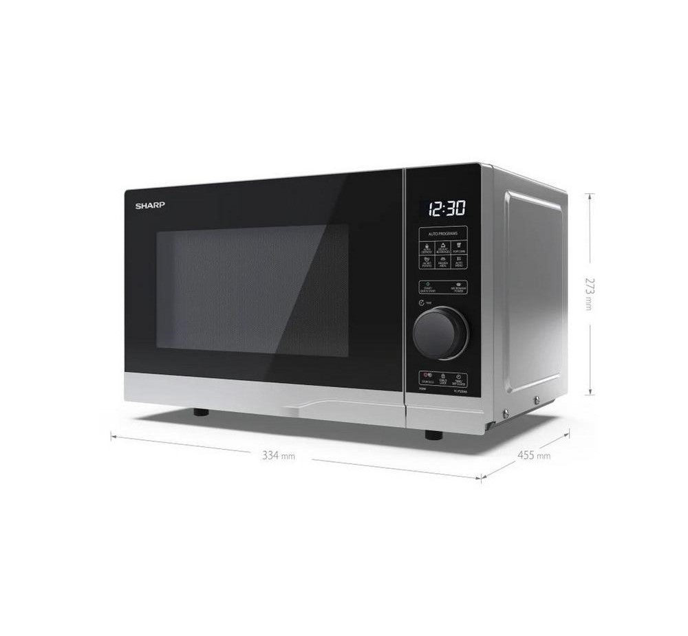 Sharp YC-PS204AU-S 20 Litre Microwave Silver - front of microwave at an angle with view of side visible with drawn dimensions: 334mm length, 455mm depth, 273mm height