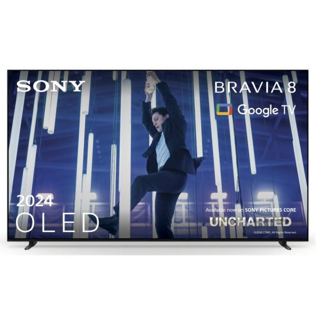 Sony K55XR80PU 55" 4K OLED TV - view of the front of the television with overlaid information of the features and details of the TV