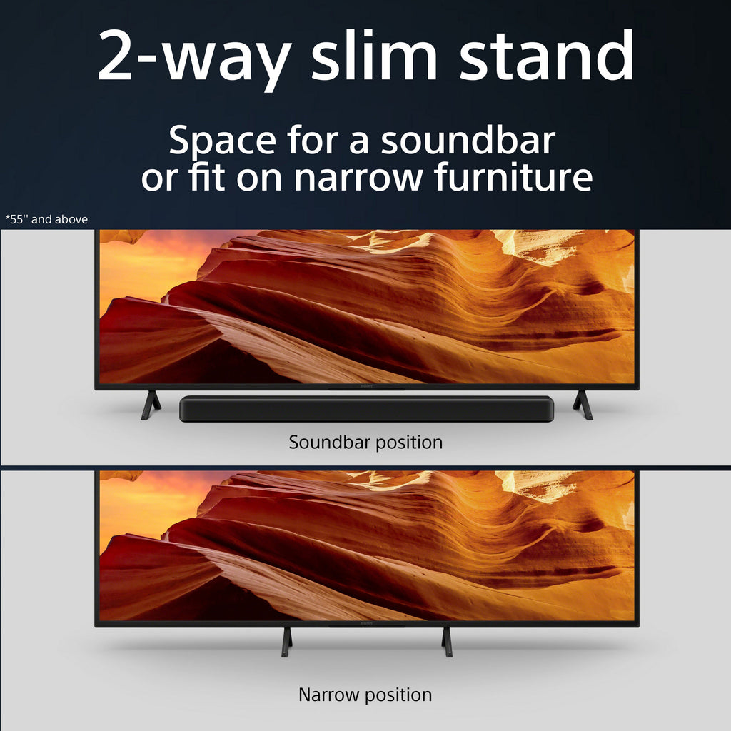 Sony KD75X75WLU 75" Smart 4K Ultra HD Tv - images depicting the size and adjustability of the stand which allows for soundbar placement or placement in tight spaces