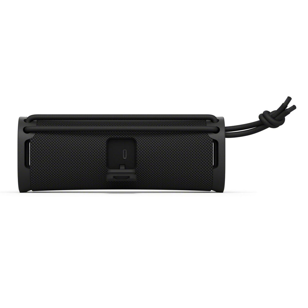 Sony SRSULT10B ULT FIELD 1 Portable Wireless Bluetooth Speaker - Black - speaker pictured from the back with weatherproof seal open and USB-C charging port visible