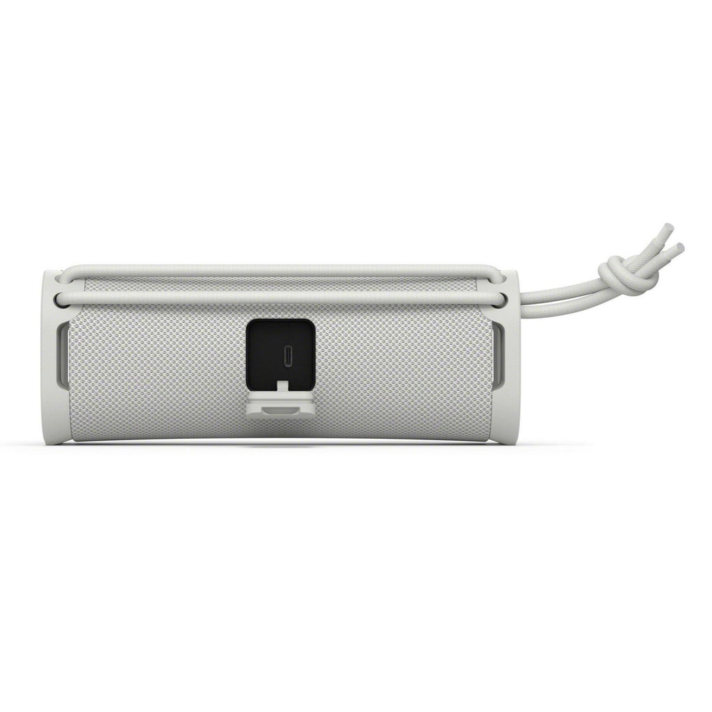 Sony SRSULT10W ULT FIELD 1 Portable Wireless Bluetooth Speaker - White - speaker pictured from the back with weatherproof seal open and USB-C charging port visible