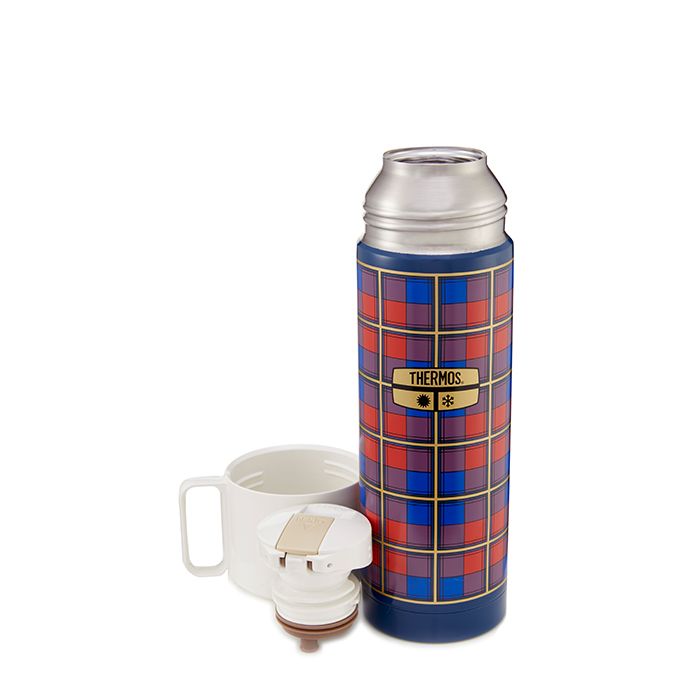 Thermos Stainless Steel Flask Blue Plaid, lid opened