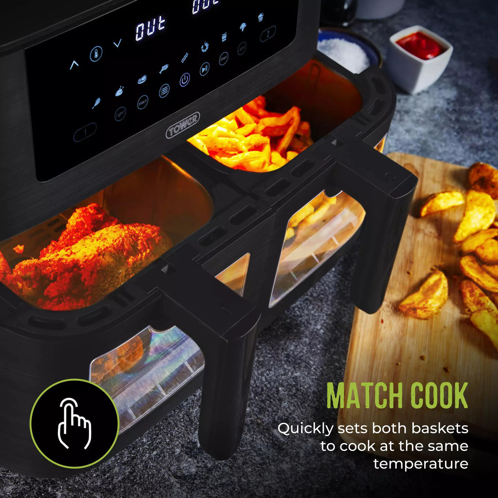 Tower T17151 Dual Air Fryer - match cook feature, set both baskets to cook at the same temperature