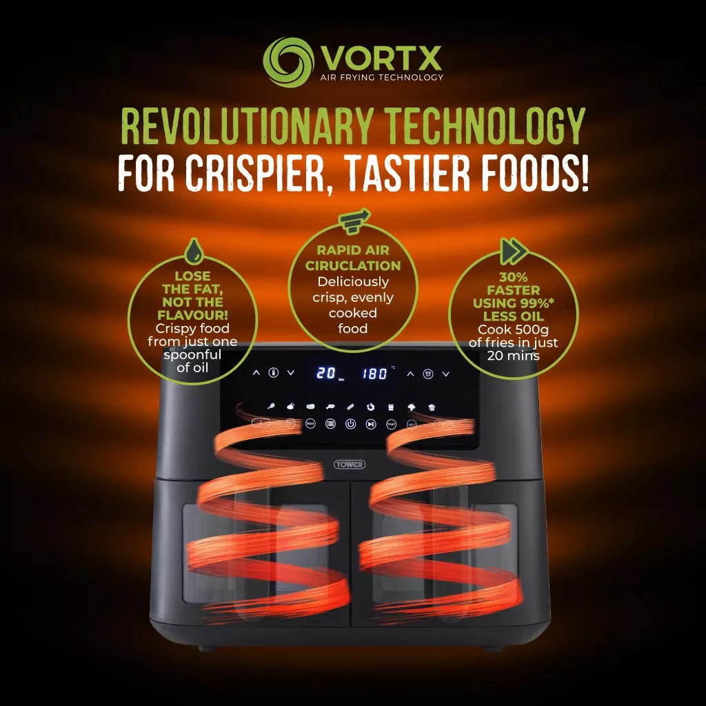 Tower T17151 Dual Air Fryer - Vortx technology, for crispier, tastier foods