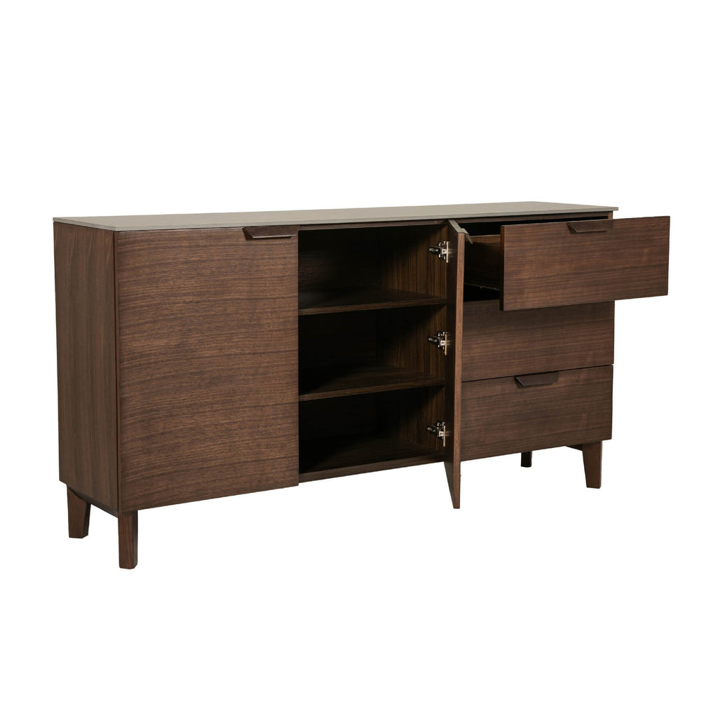 Axton Sideboard in Latte Hue by Vida Living - half of the cabinets opened with one drawer angled view