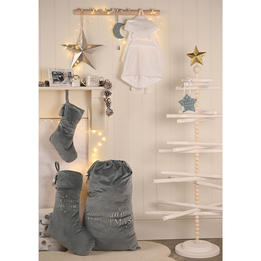 CG1682W Bambino Babys Dressing Gown White 3-6 Months - dressing gown pictured around a baby's first Christmas decorations