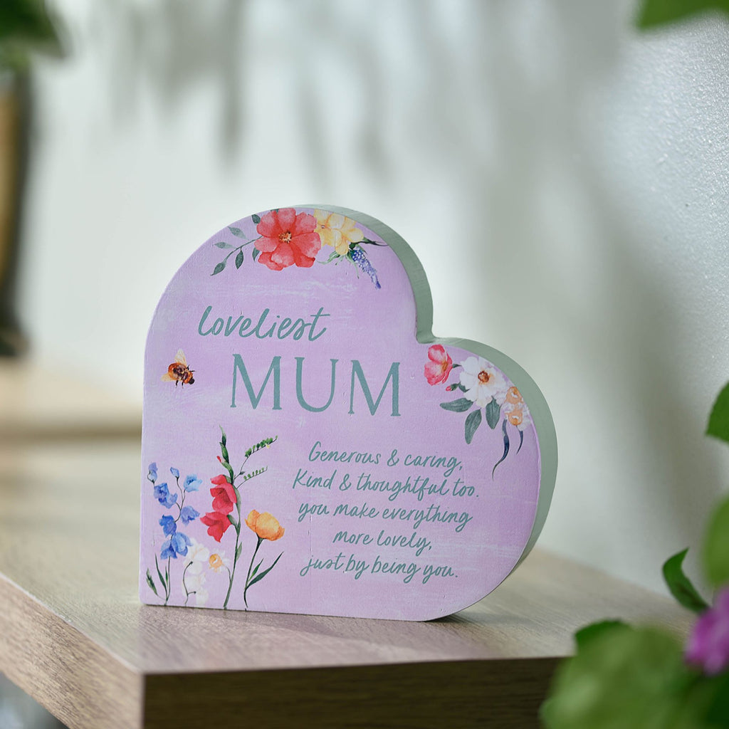 TC107M The Cottage Garden 3D Heart "MUM" - product placed on a wooden table or surface