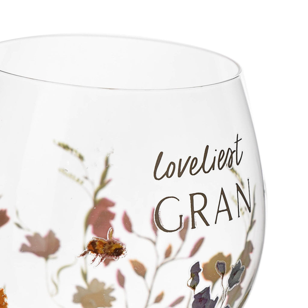 TC114G The Cottage Garden Gin Glass "Gran" - close-up of the detailing and inscription writing loveliest gran