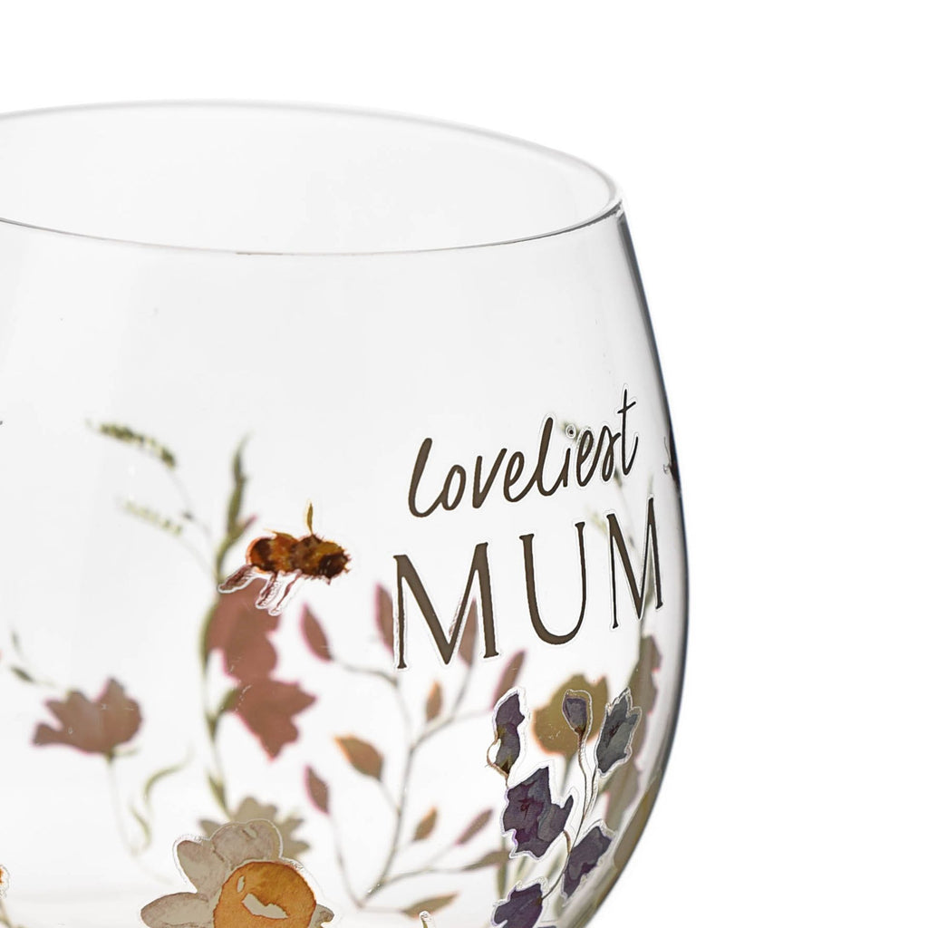 TC114M The Cottage Garden Gin Glass "Mum" - close-up of detailing and glass decal