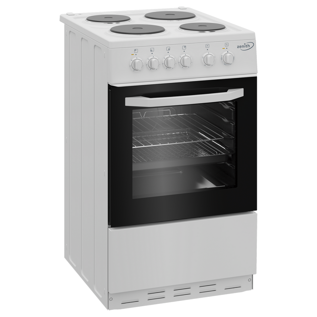 Zenith ZE503W 50cm Single Cavity Cooker - front view of appliance at an angle