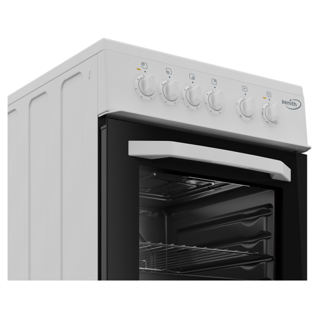 Zenith ZE503W 50cm Single Cavity Cooker - front view of appliance at an angle close-up