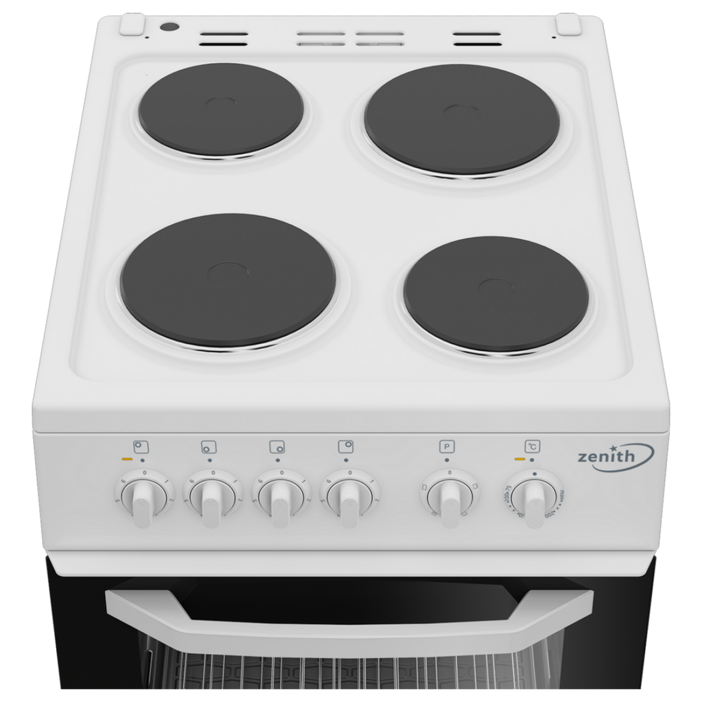 Zenith ZE503W 50cm Single Cavity Cooker - view of top of appliance stovetop with front controls visible