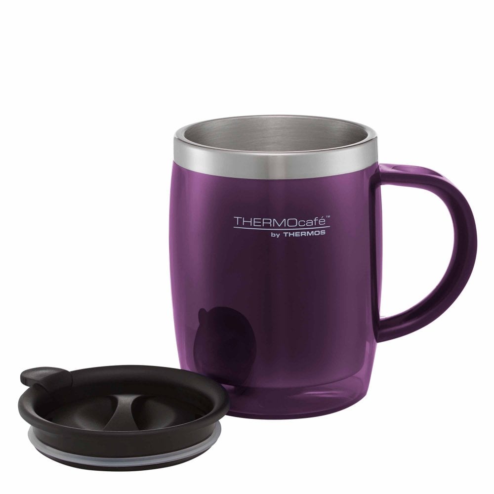 purple travel mug with lid opened