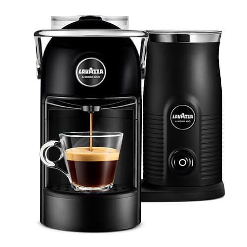 Jolie & Milk Coffee Machine - Black with cup of coffee