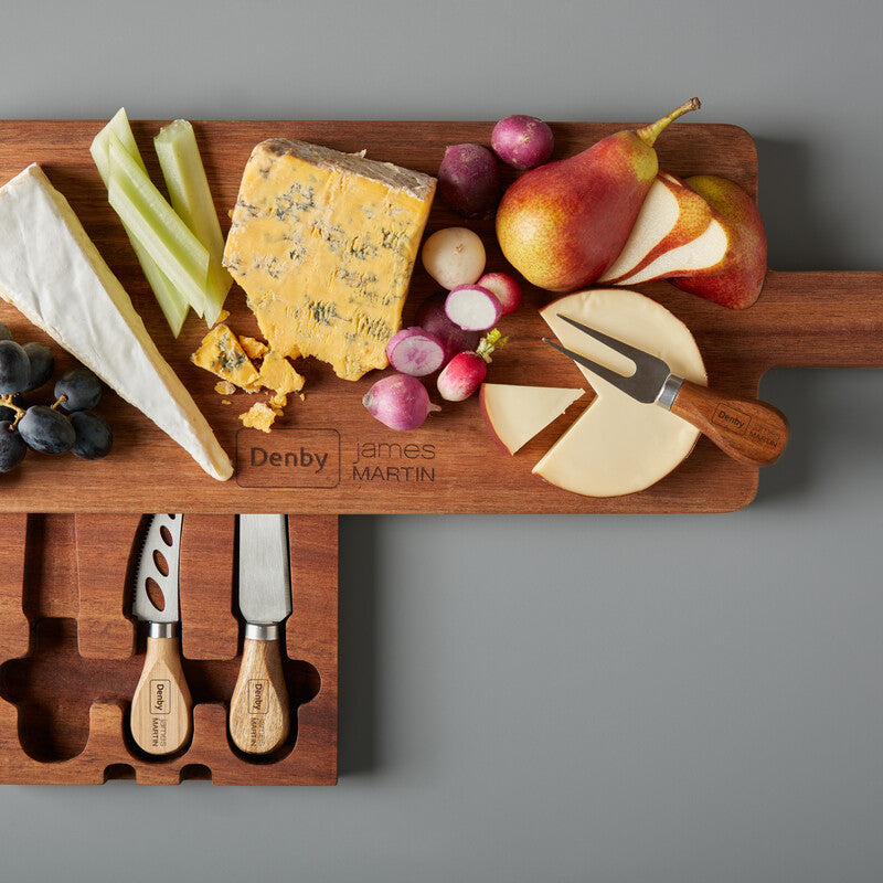 4pc Cheeseboard Paddle Kit with cheese on top