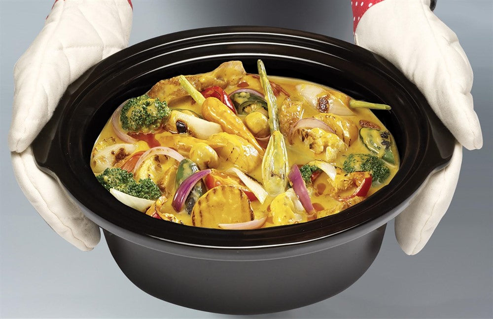 Brushed Steel Slow Cooker with food prepared
