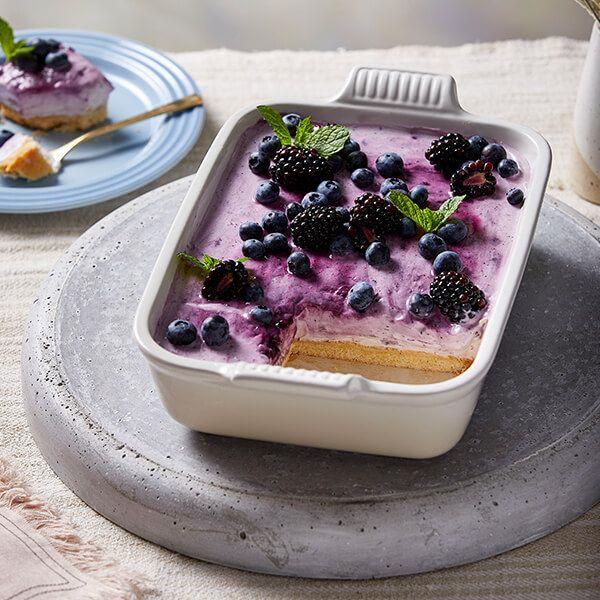 Le Creuset Deep 26cm Rectangular Dish Meringue with Blueberry dessert