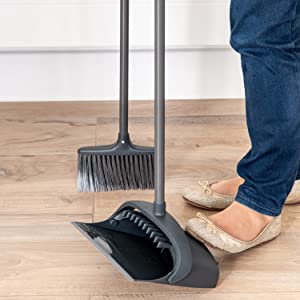 Addis 508863 Dustpan Folding Long Handled Metallic with someone showing how to use it