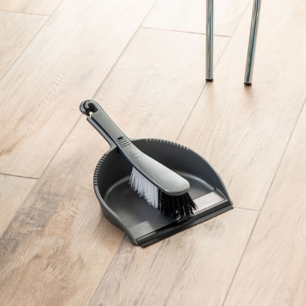 Addis 510390 Dustpan & Brush Set Soft, Metallic sitting on a wood floor