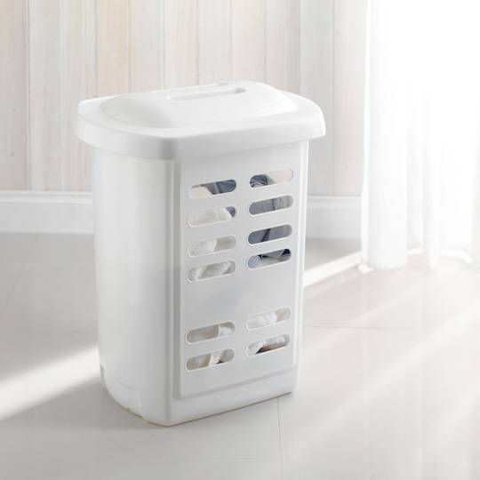 Addis 510859 Laundry Basket Hamper 60L White with clothes inside