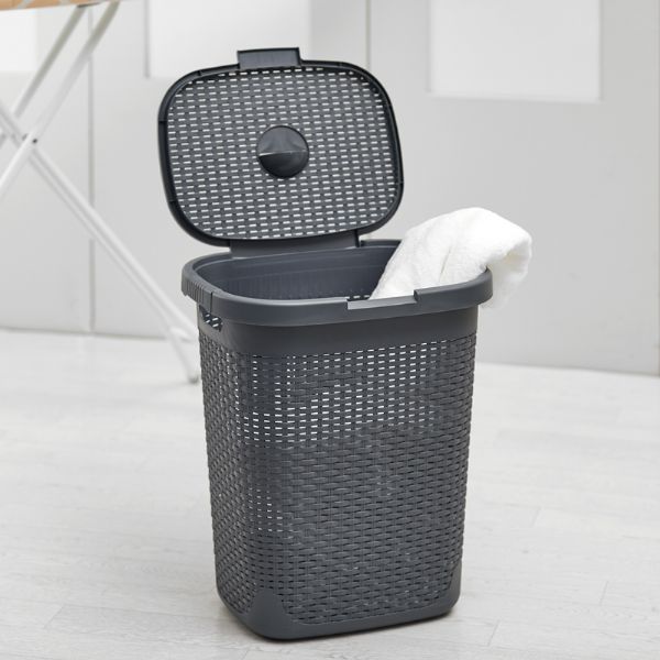 Addis 517485 Laundry Basket 50L Faux Rattan Resin Charcoal with the lid open
