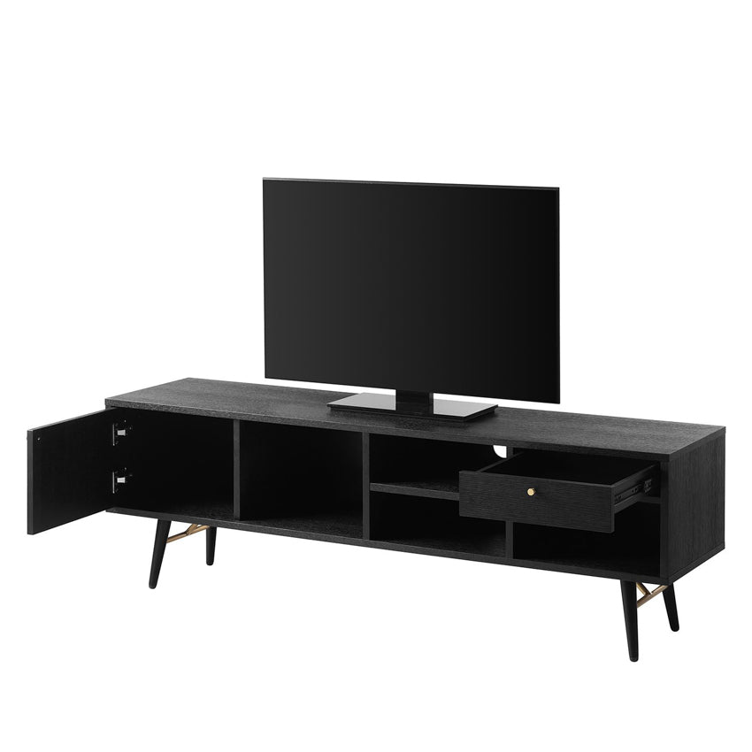 TV Unit black And Copper with Tv on top and open door and drawer