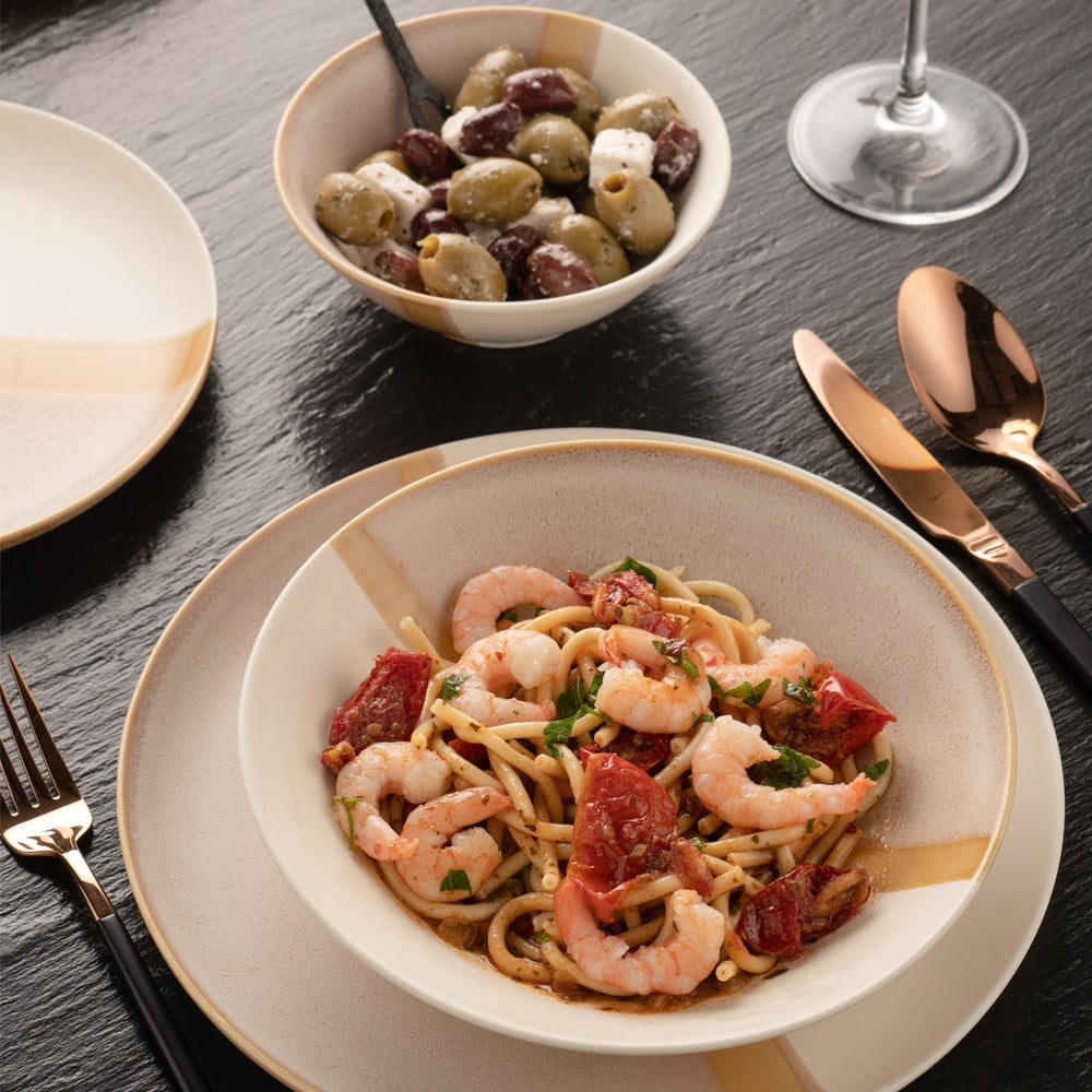 Pasta Bowls with Prawn pasta and olives on the side