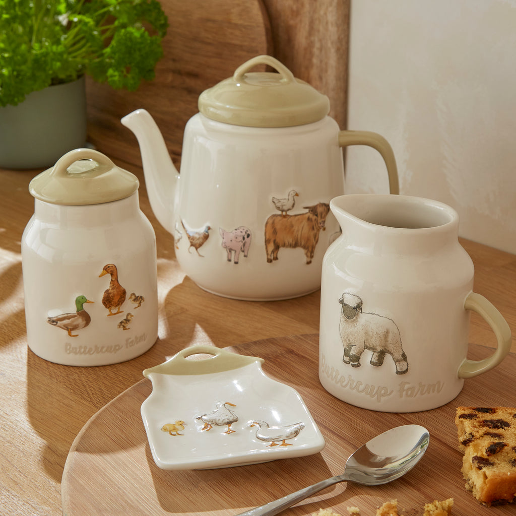 Buttercup Farm Ceramic Teapot, Jug, Canister & Tea holder