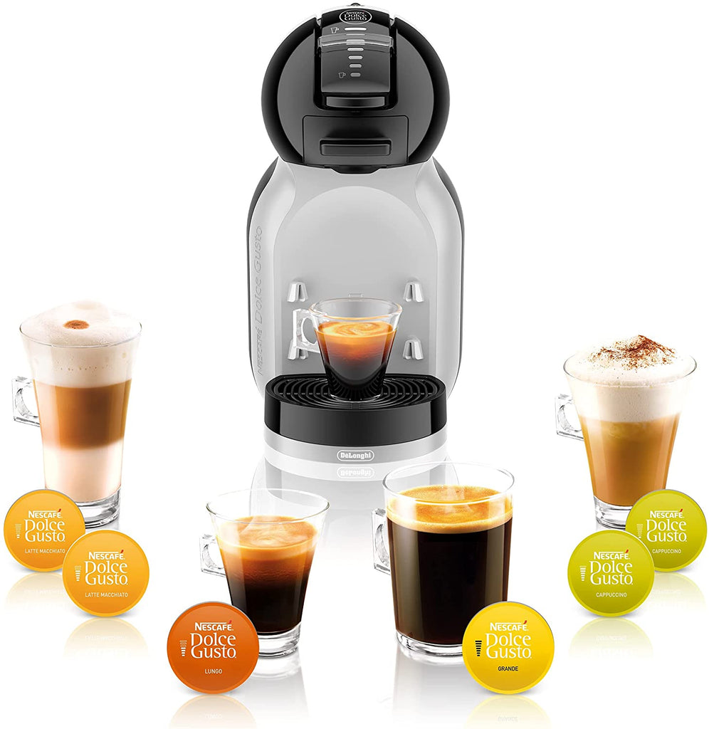 Black & Silver Dolce Gusto Coffeemaker Front with different types of coffee pods